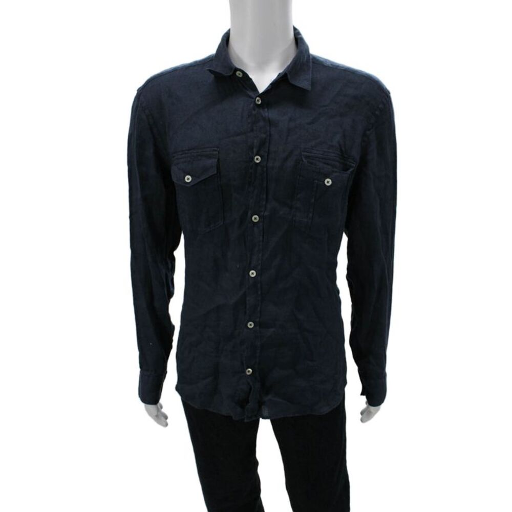 120% Lino Mens Linen Long Sleeve Collared Button-Down Shirt Blue Size 2XL